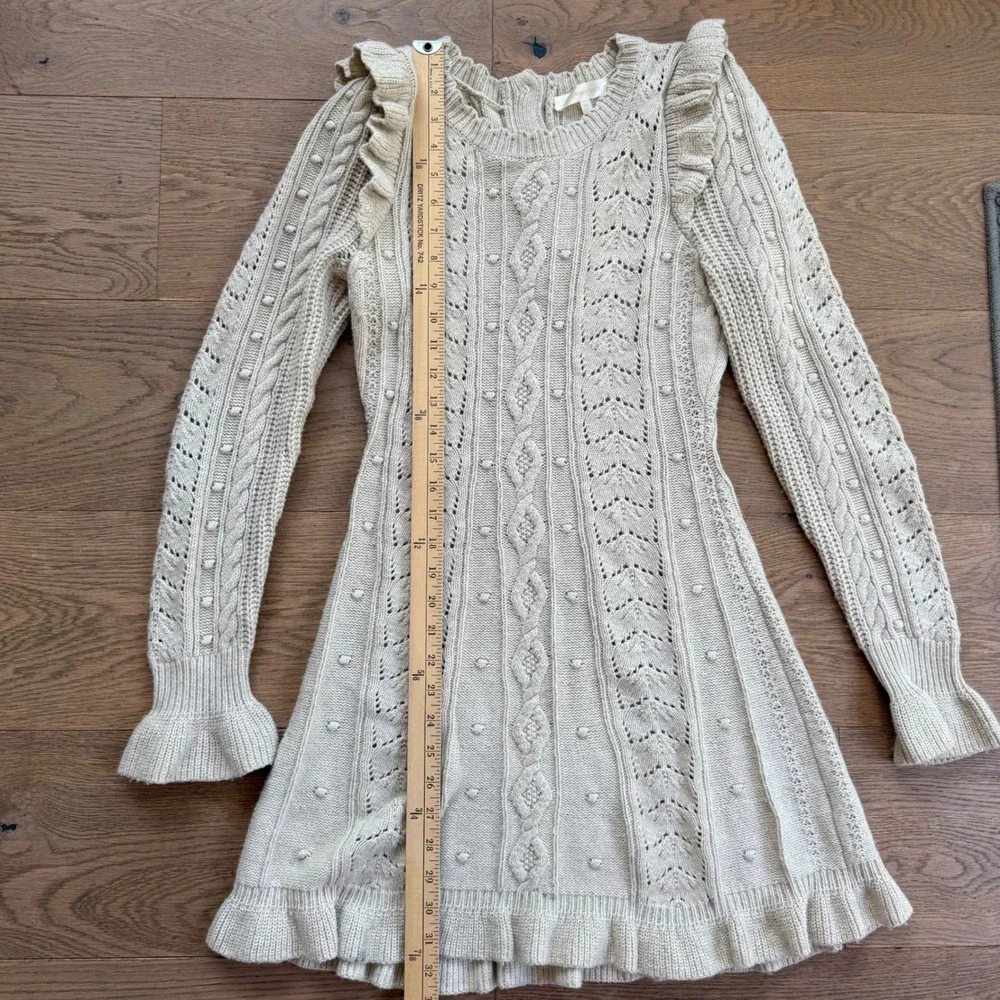 LoveShackFancy Zeke Womens Oatmeal Cable Knit Ruffle Mini Sweater Dress XS Cream - Picture 6 of 12